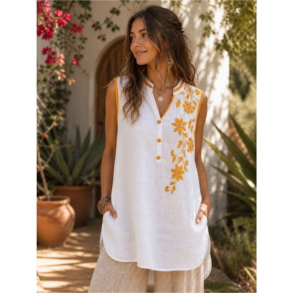 Vintage Gianna Bohemian White Linen Tunic With Yellow Floral Embroidery